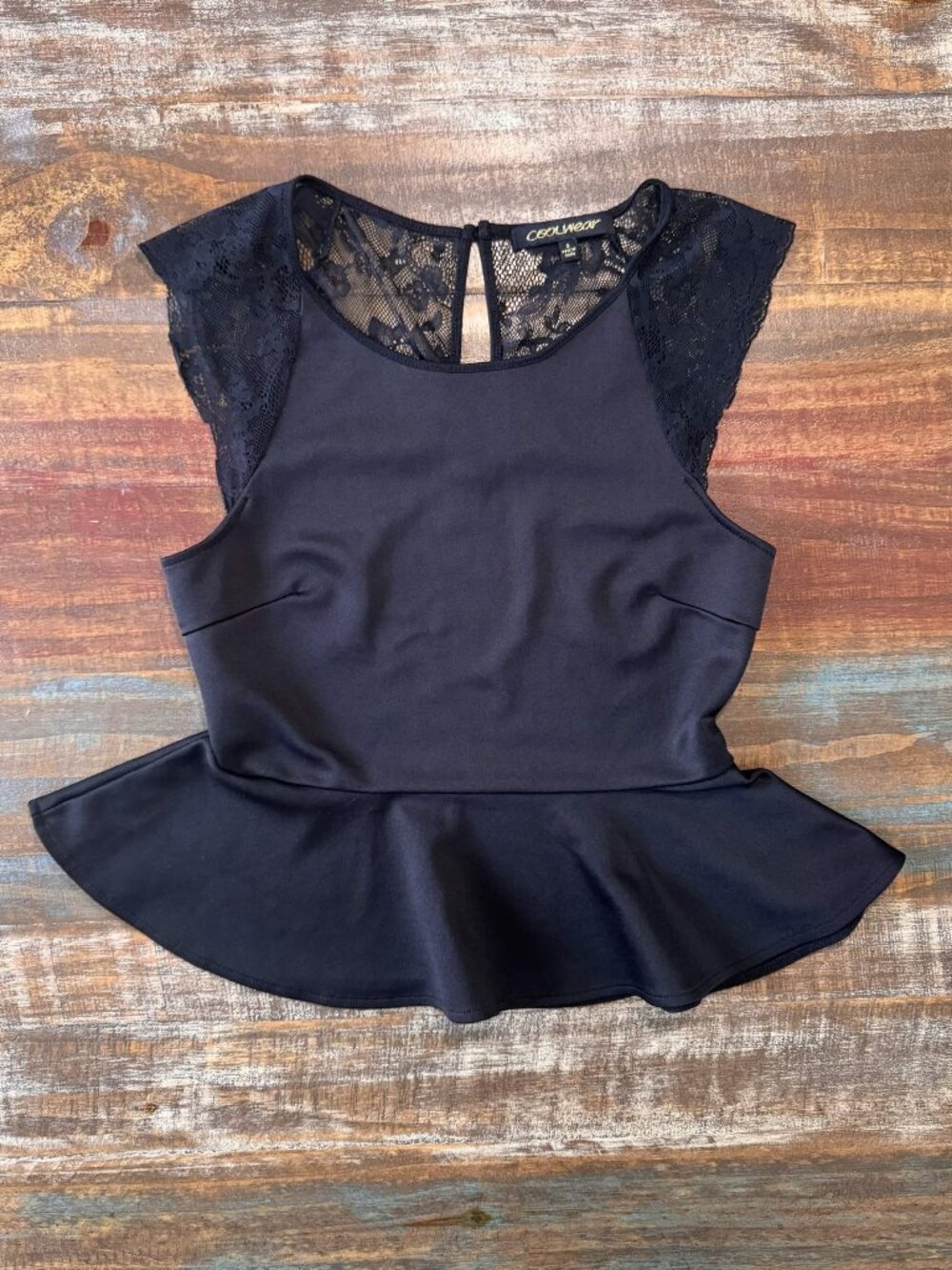 Coolwear Black Lace Back Peplum Top Size S